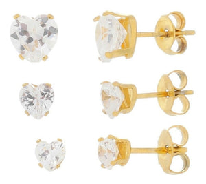 Brincos 3 Pares de Corações Zircônias Folheado a Ouro 18K