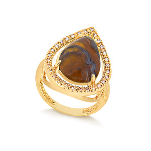 Anel Pedra Gota Natural com Zircônias Folheado a Ouro 18K