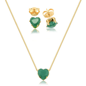 Conjunto Coração Cristal Folheado a Ouro 18K