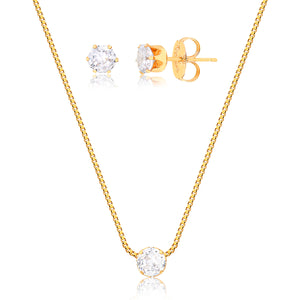 Conjunto Zircônia Diamantada Incolor Folheado a Ouro 18K