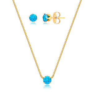 Conjunto Zircônia Diamantada Azul Folheado a Ouro 18K
